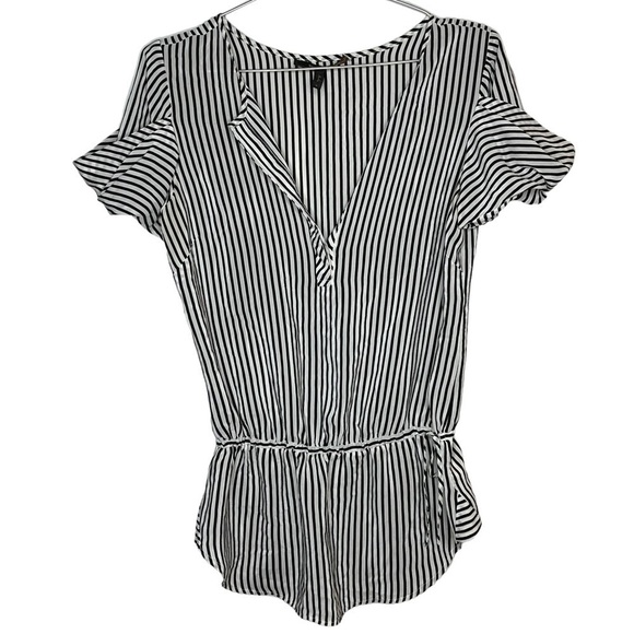 BCBGMAXAZRIA 100% Silk Striped Blouse Statement Sleeve Drop Waist Tie V Neck - Picture 1 of 11